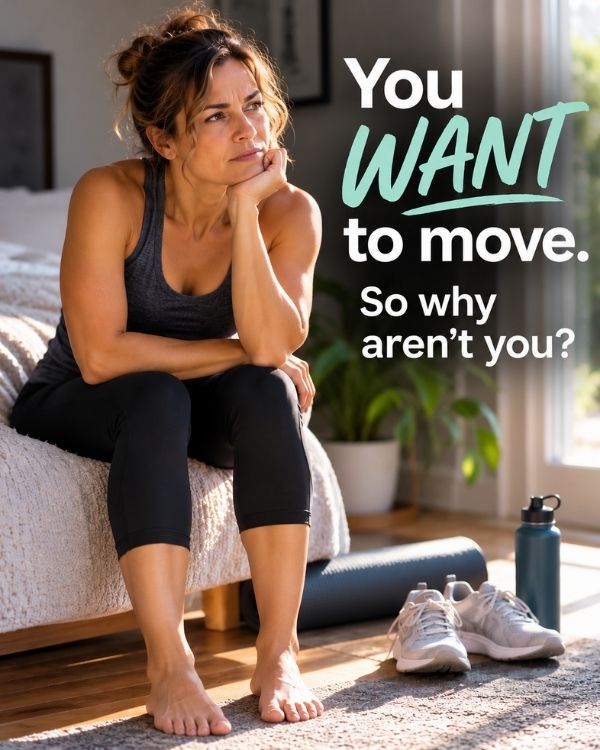 Woman sitting beside her exercise shoes, wondering why she keeps putting off movement